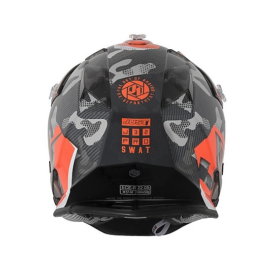 Helm Kreuz Motorrad Enduro Just1 J32 Pro SWAT Camo Orange Fluo Poliert