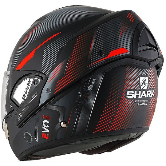 Helm Moto Modular Shark EVOLINE 3 Shazer Schwarz Rot Opaque geöffnet werden