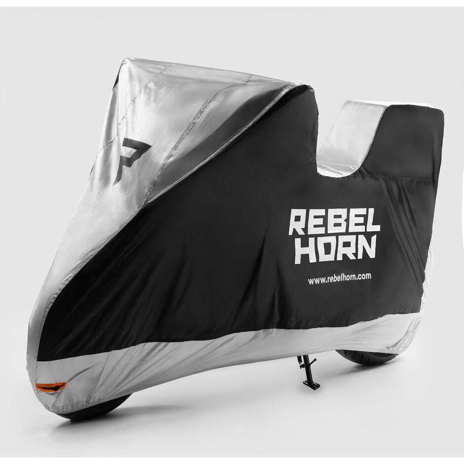 Housse de moto Rebelhorn SHELTER avec emplacement pour top case, noir et argent.