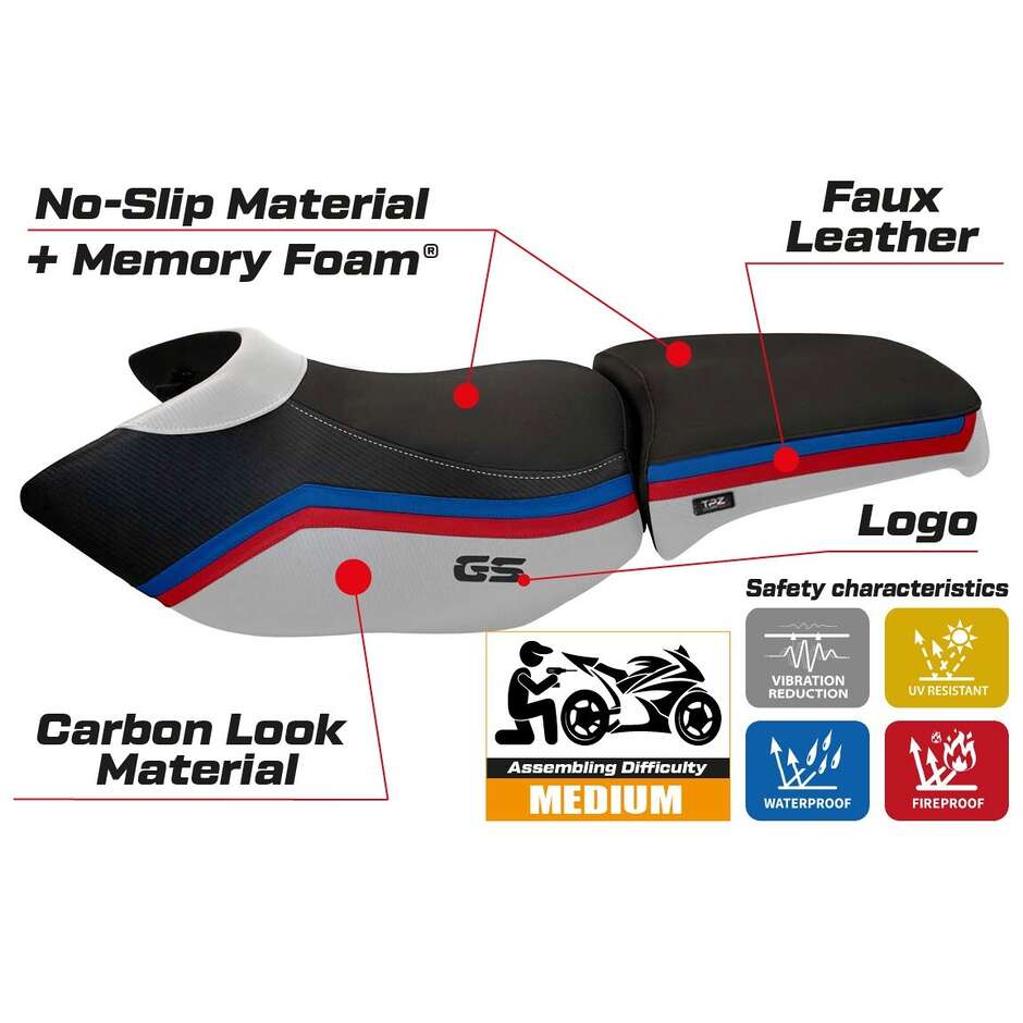 Housse de selle TPZ Italia spécifique pour BMW R 1200 GS Adventure (modèles 2006-2012) avec système de confort Ionia 1