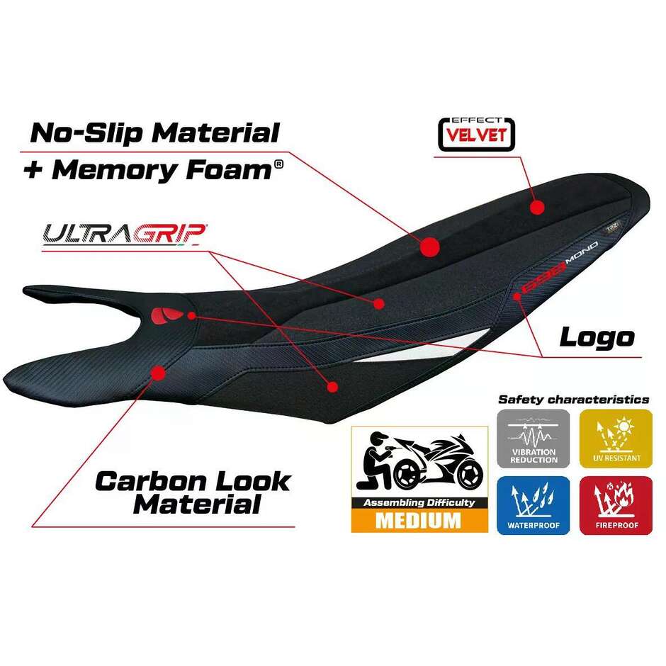 Housse de selle TPZ Italia spécifique pour Ducati Hypermotard 698 Mono 2024-2025 Cairoli Velvet Ultragrip Comfort System