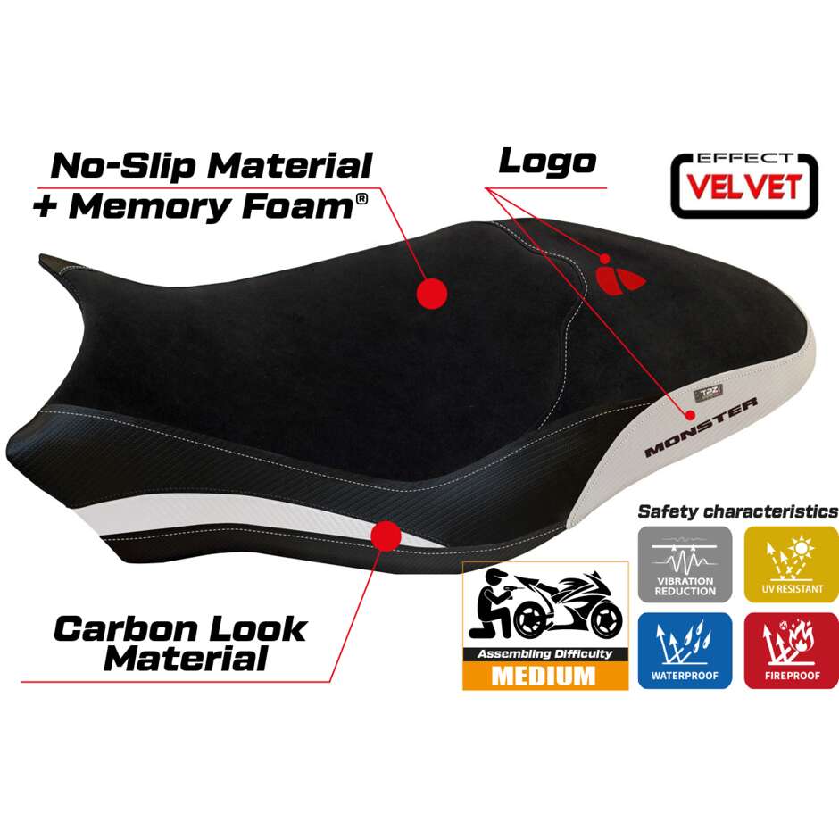 Housse de selle TPZ Italia spécifique pour Ducati Monster 821 / 1200 (modèles 2017-2020) Ovada 1 Velvet Comfort System