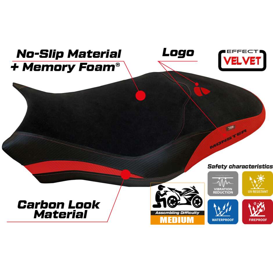 Housse de selle TPZ Italia spécifique pour Ducati Monster 821 / 1200 (modèles 2017-2020) Ovada 1 Velvet Comfort System