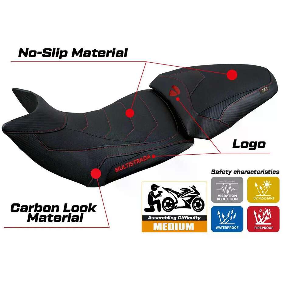 Housse de selle TPZ Italia spécifique pour Ducati Multistrada 1200 / 1260 2015-2020, modèle Jazan Ultragrip