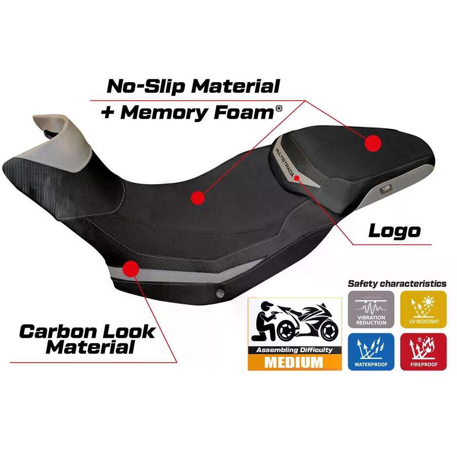 Housse de selle TPZ Italia spécifique pour Ducati Multistrada 1200/1260 Enduro (modèles 2016-2021) avec système de confort Sona 1
