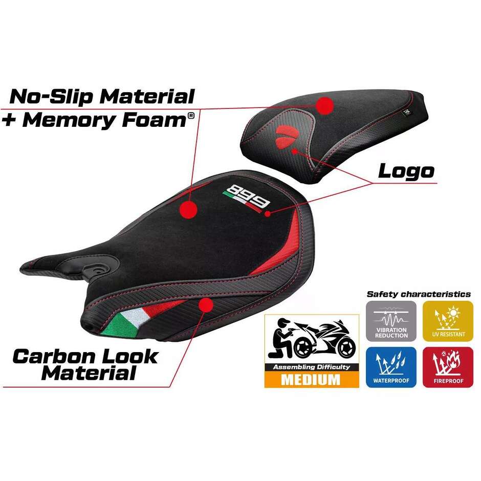 Housse de selle TPZ Italia spécifique pour Ducati Panigale 899 (modèles 2013-2015), système confort en velours Ordona