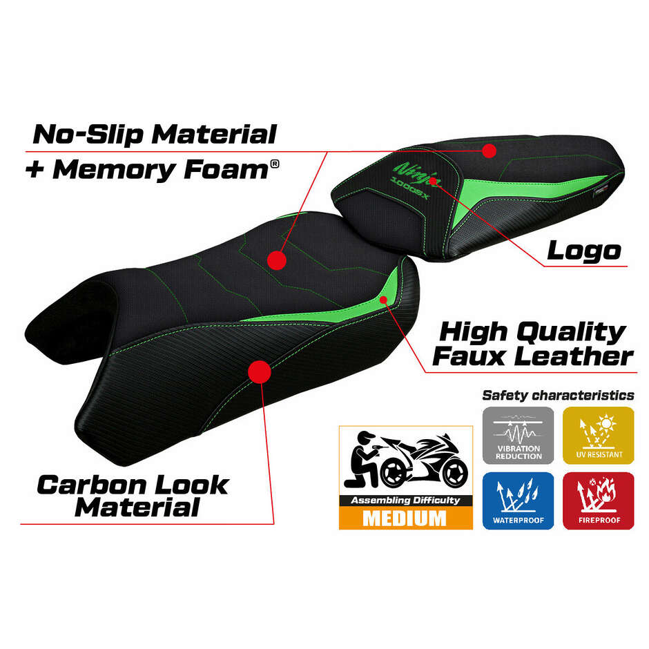 Housse de selle TPZ Italia spécifique pour Kawasaki Ninja 1000 / 1000 SX (modèles 2020-2024) - Système de confort Arusha
