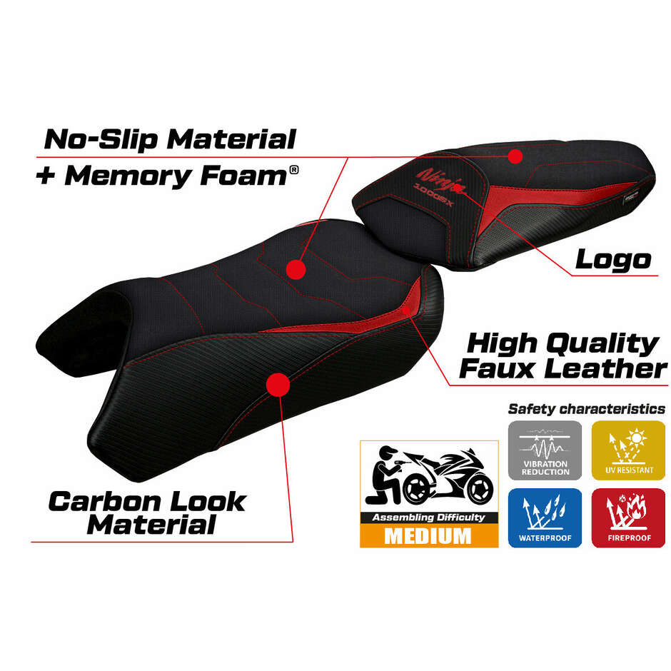 Housse de selle TPZ Italia spécifique pour Kawasaki Ninja 1000 / 1000 SX (modèles 2020-2024) - Système de confort Arusha