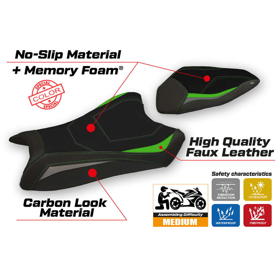 Housse de selle TPZ Italia spécifique pour Kawasaki Ninja ZX 10 R (modèles 2016-2020), coloris Hervas, système confort.