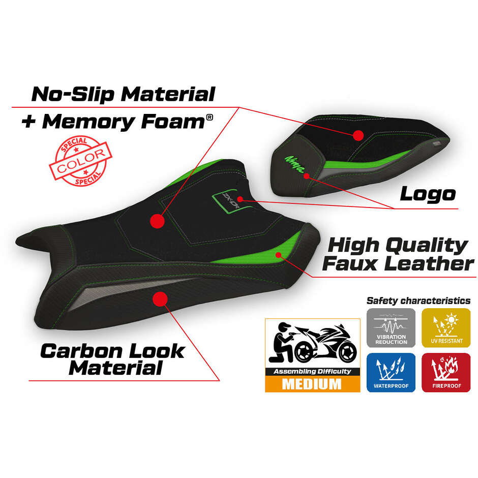 Housse de selle TPZ Italia spécifique pour Kawasaki Ninja ZX 10 R (modèles 2016-2020), coloris Hervas, système confort.
