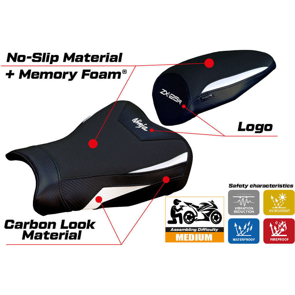 Housse de selle TPZ Italia spécifique pour Kawasaki Ninja ZX 25 R (modèles 2020-2025) - Système de confort Hermes