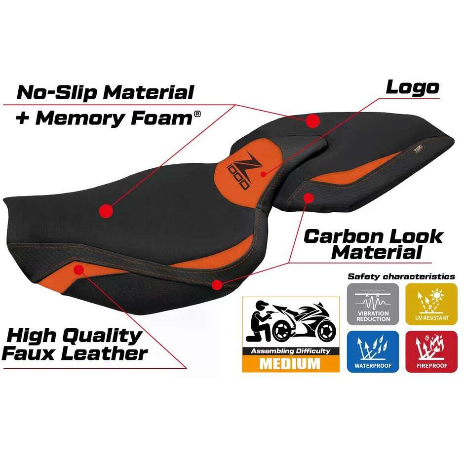 Housse de selle TPZ Italia spécifique pour Kawasaki Z 1000 (modèles 2014-2021) avec système de confort Ellos 1