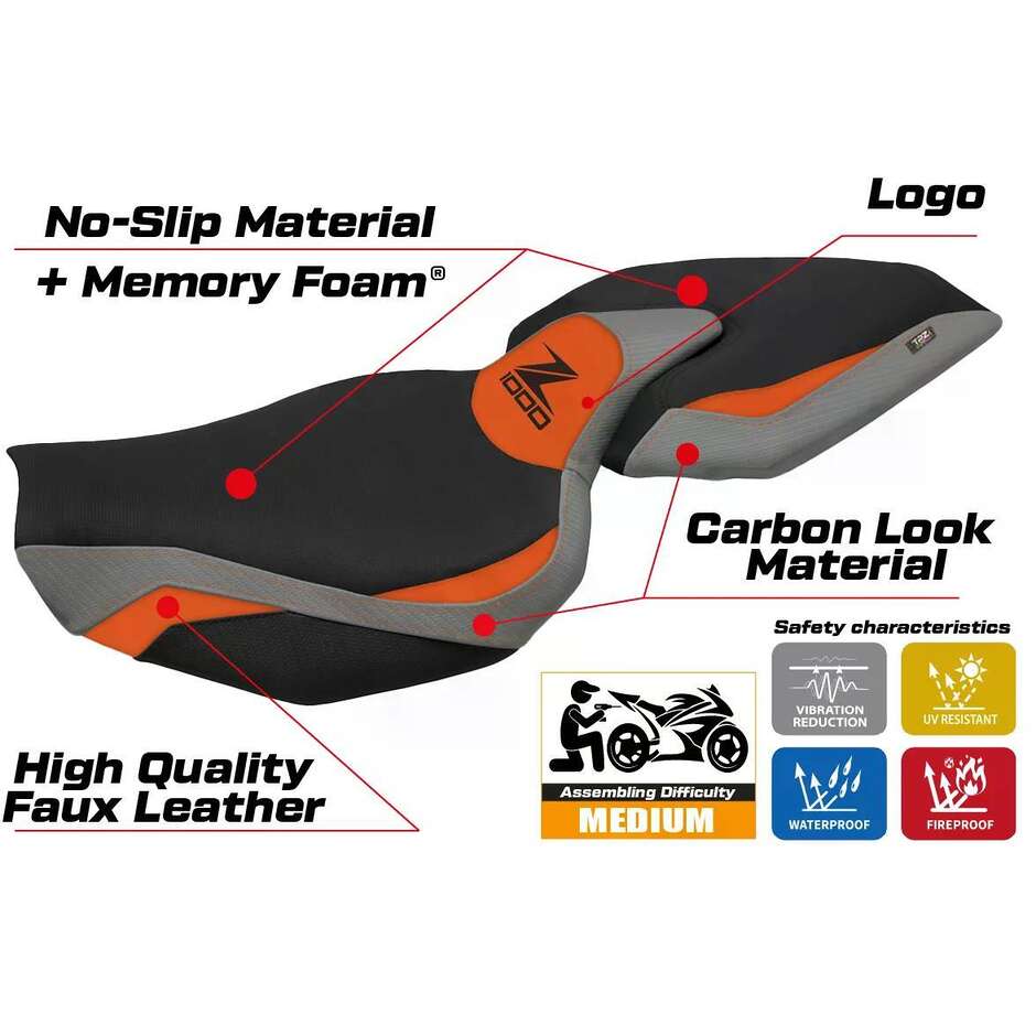 Housse de selle TPZ Italia spécifique pour Kawasaki Z 1000 (modèles 2014-2021) avec système de confort Ellos 1