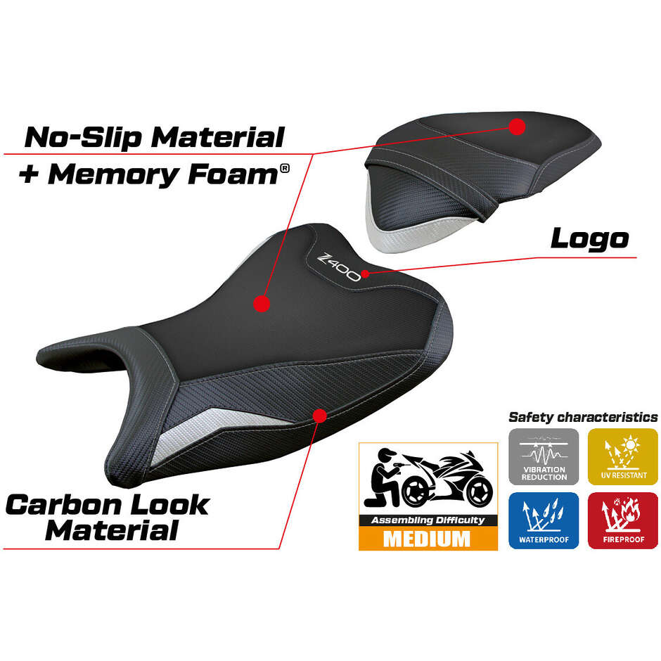 Housse de selle TPZ Italia spécifique pour Kawasaki Z 400 (modèles 2018-2023), système de confort Aragona