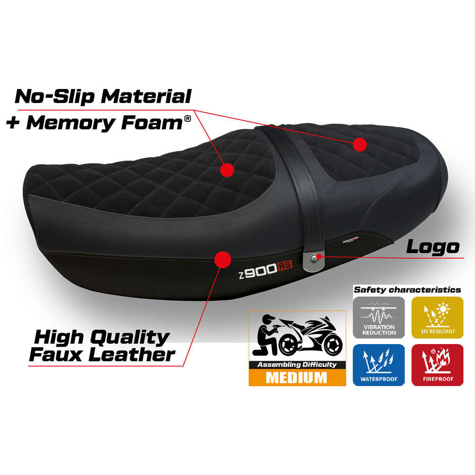Housse de selle TPZ Italia spécifique pour Kawasaki Z 900 RS (modèles 2018-2025), Natal Total Black Velvet Comfort System