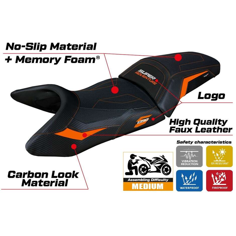 Housse de selle TPZ Italia spécifique pour KTM 1390 Super Adventure S modèle 2025, système de confort Enns