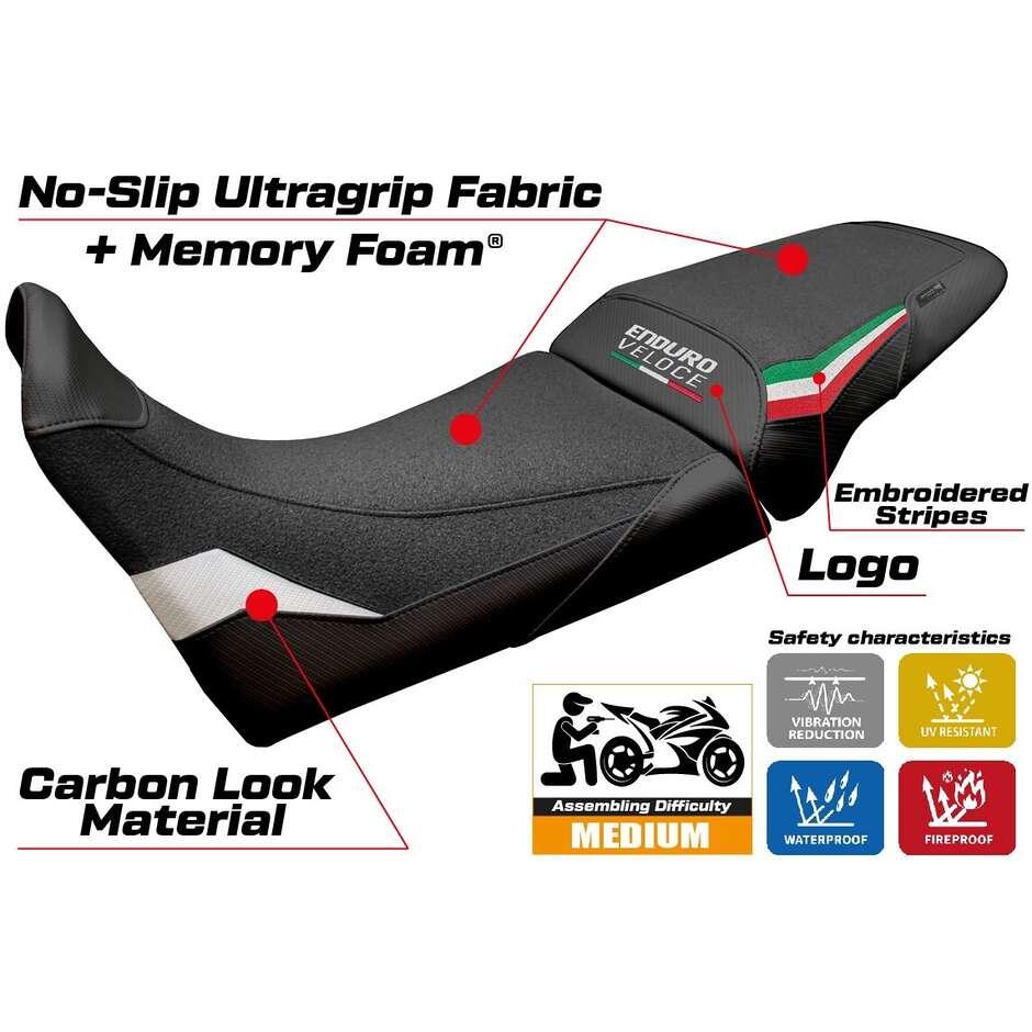 Housse de selle TPZ Italia spécifique pour MV Agusta Enduro Veloce modèle 2024-2025, système de confort Hajek Ultragrip