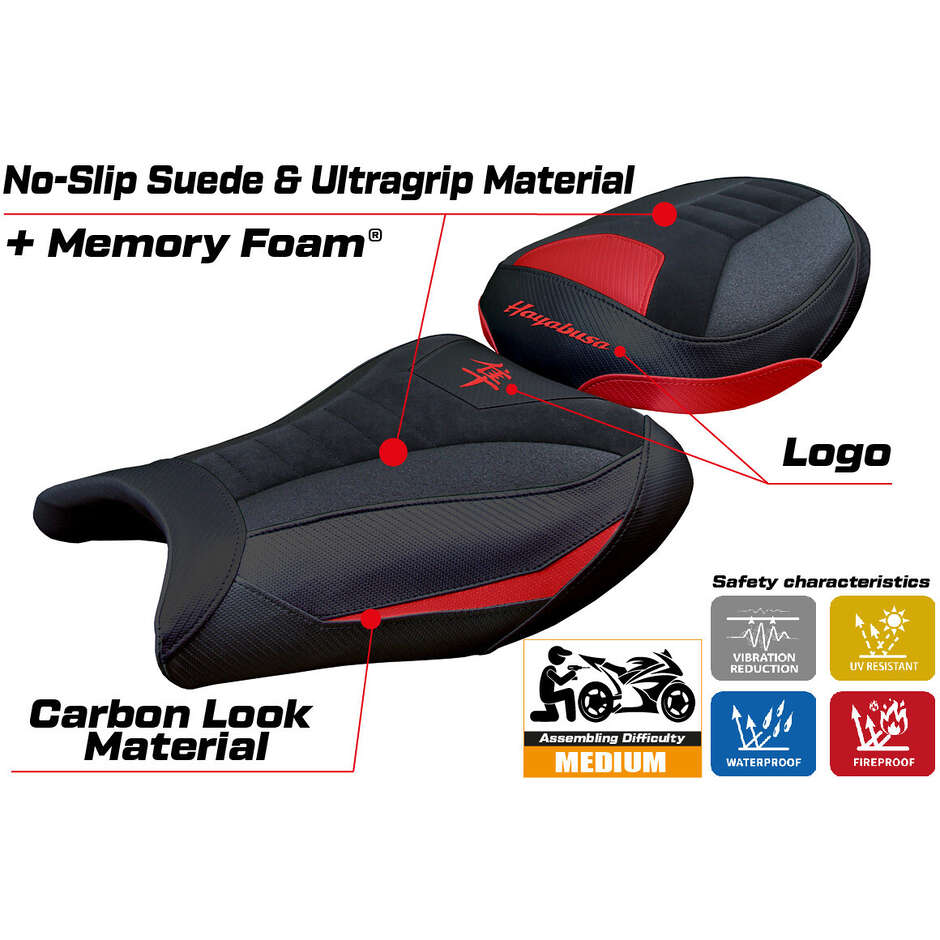 Housse de selle TPZ Italia spécifique pour Suzuki GSX R 1300 Hayabusa (modèles 2008-2020), fabriquée au Japon en velours avec système de confort Ultragrip.