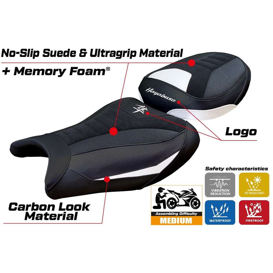 Housse de selle TPZ Italia spécifique pour Suzuki GSX R 1300 Hayabusa (modèles 2021-2025) - Système de confort Denia Velvet Ultragrip
