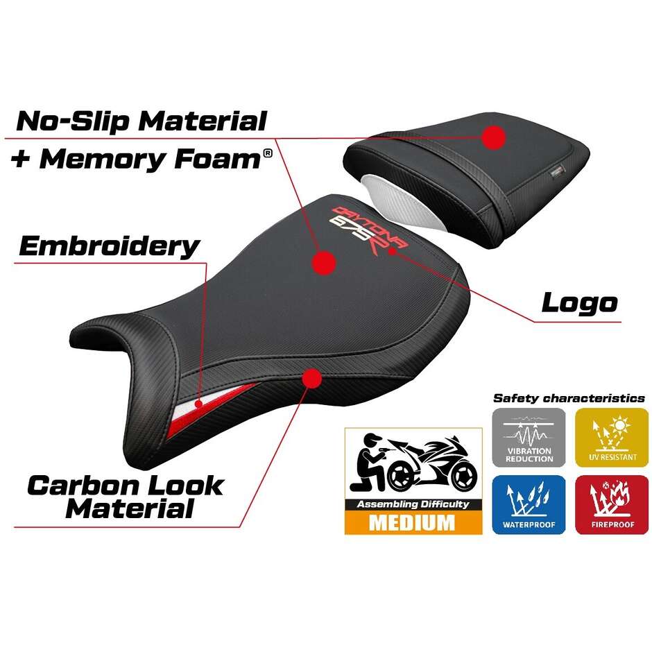 Housse de selle TPZ Italia spécifique pour Triumph Daytona 675R (modèles 2006-2012) - Système de confort Ripley