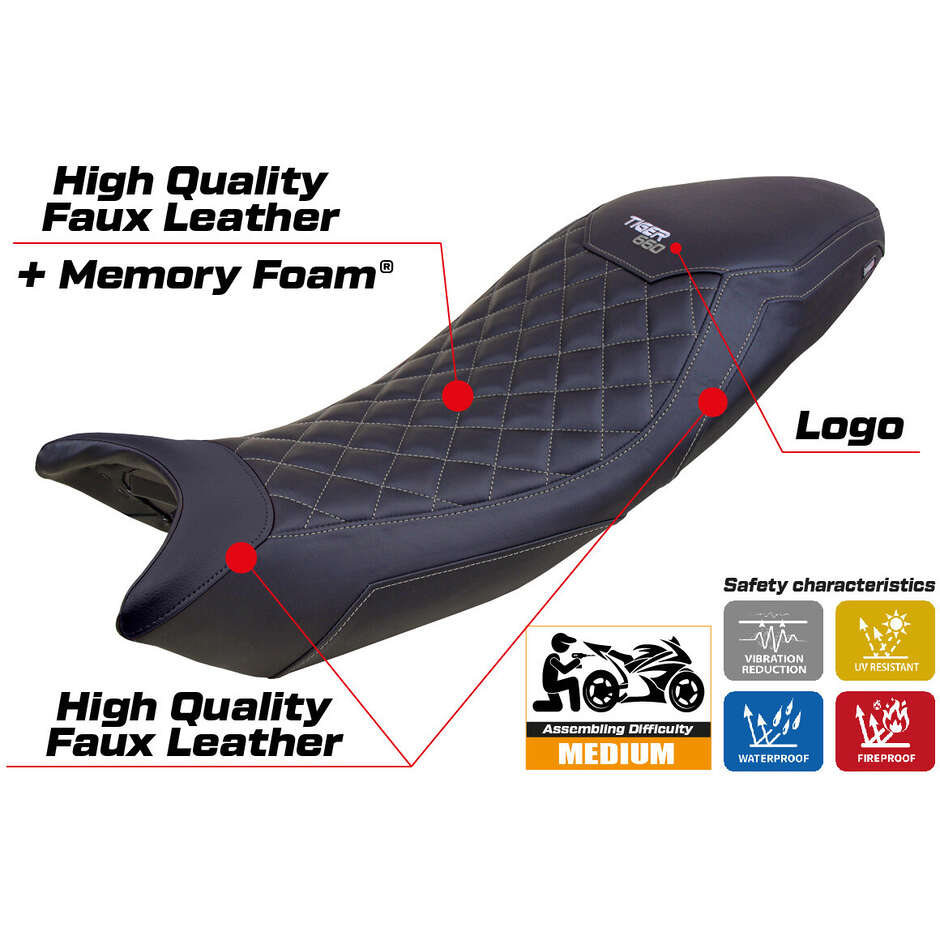 Housse de selle TPZ Italia spécifique pour Triumph Tiger 660 (modèles 2021-2025), édition spéciale Derry Comfort System