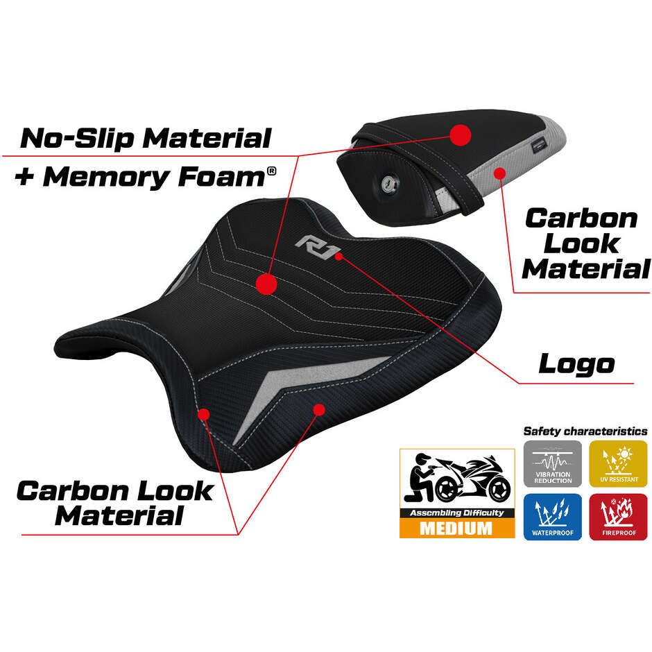 Housse de selle TPZ Italia spécifique pour Yamaha R1 (modèles 2015-2025) avec système de confort Kagran