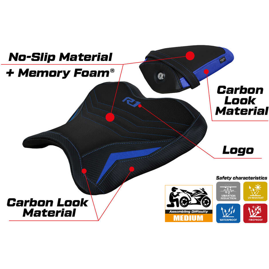 Housse de selle TPZ Italia spécifique pour Yamaha R1 (modèles 2015-2025) avec système de confort Kagran