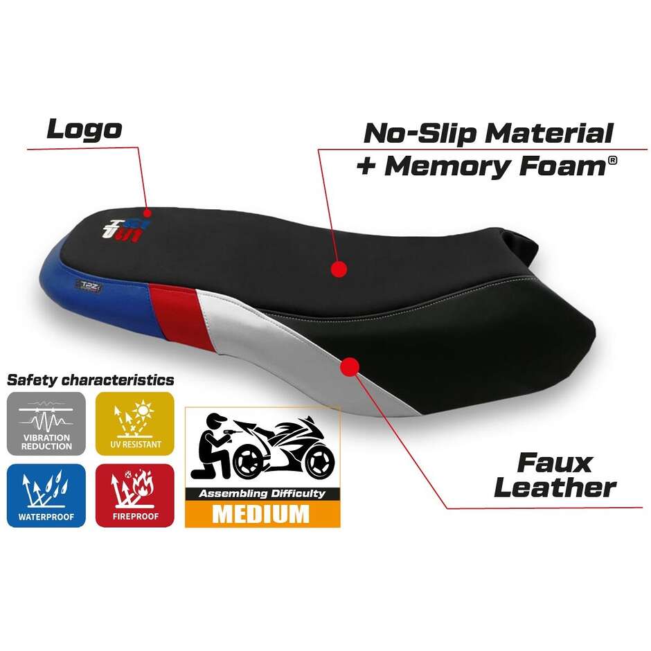Housse de siège TPZ Italia spécifique pour BMW R 1200/1250 GS Rallye (modèles 2017-2024) avec système de confort Favria