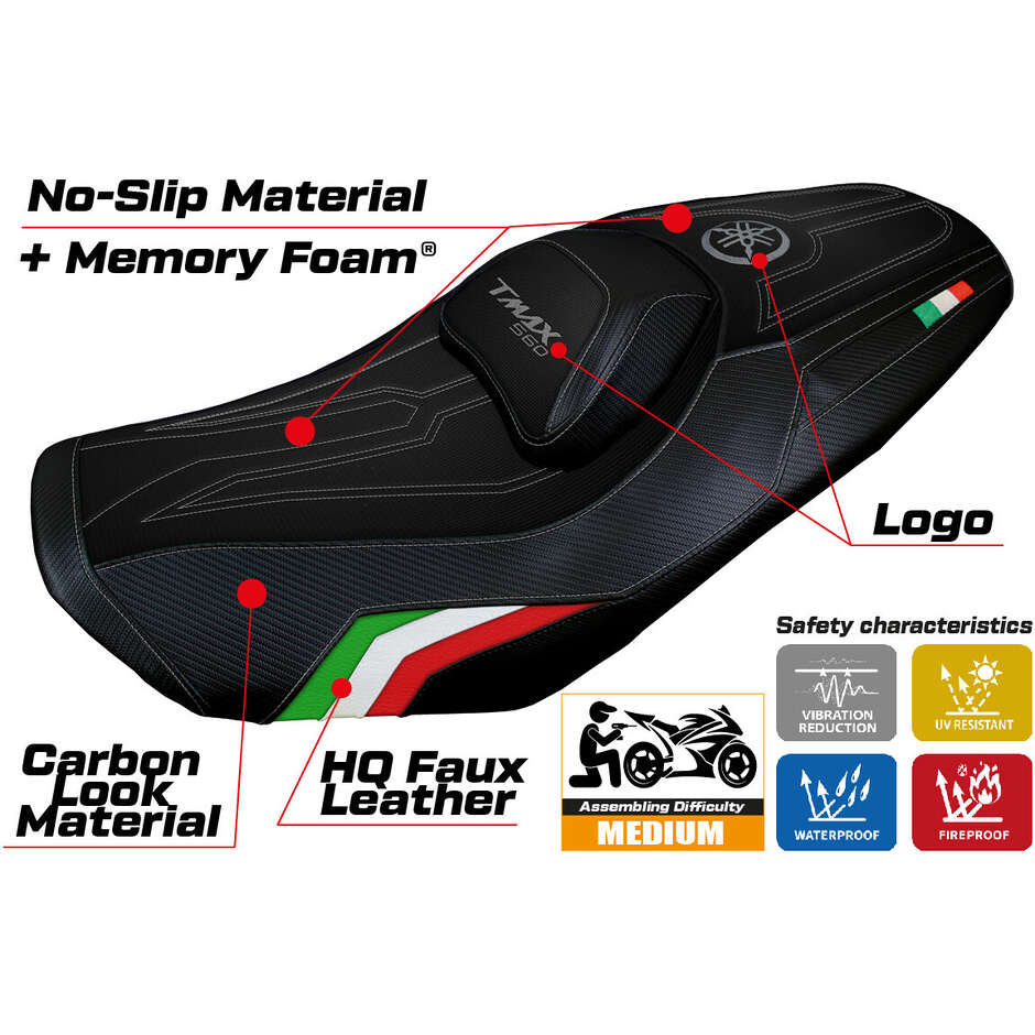 Housse de siège TPZ Italia spécifique pour Yamaha T-Max 560 (modèles 2022-2025) avec système de confort Kira