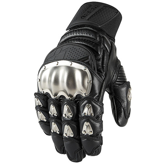 Icon TiMAX Short Black Leather Motorcycle Gloves
