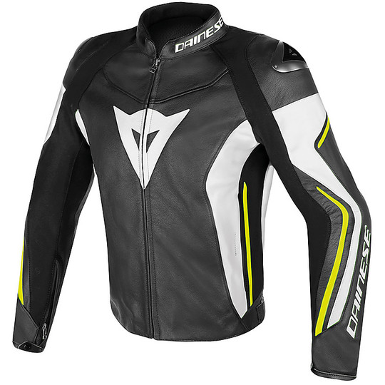 In Genuine Leather Motorcycle Jacket Dainese Model Assen Black White Yellow Fluo