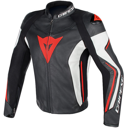 In Genuine Leather Motorcycle Jacket Dainese Model Assen White Black Red Fluo