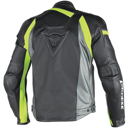 In Genuine Leather Motorcycle Jacket Dainese Model Veloster Anthracite Black Yellow Fluo