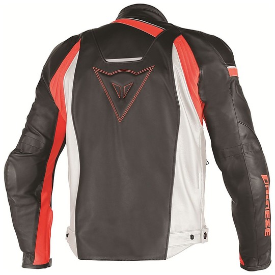 In Genuine Leather Motorcycle Jacket Dainese Model Veloster White Black Red Fluo