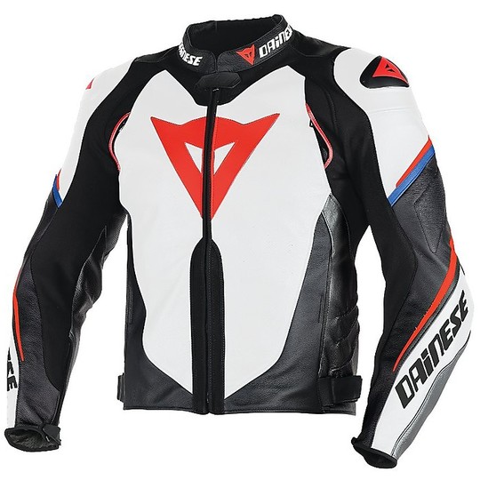 In Genuine Leather Motorcycle Jacket Dainese Super Speed ​​D1 Perforated White Black Red Fluo