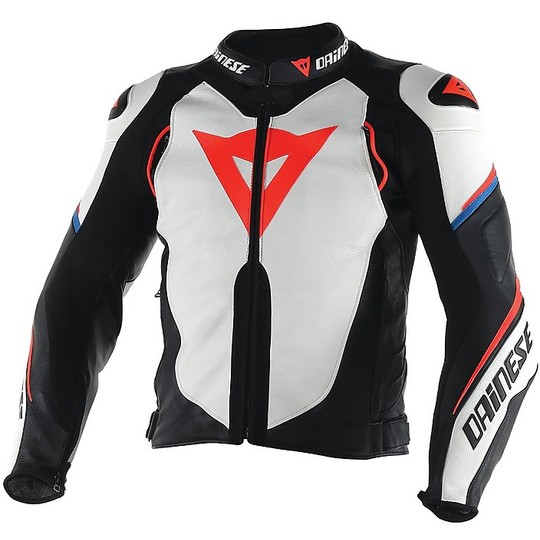 In Genuine Leather Motorcycle Jacket Dainese Super Speed ​​D1 White Black Red Fluo
