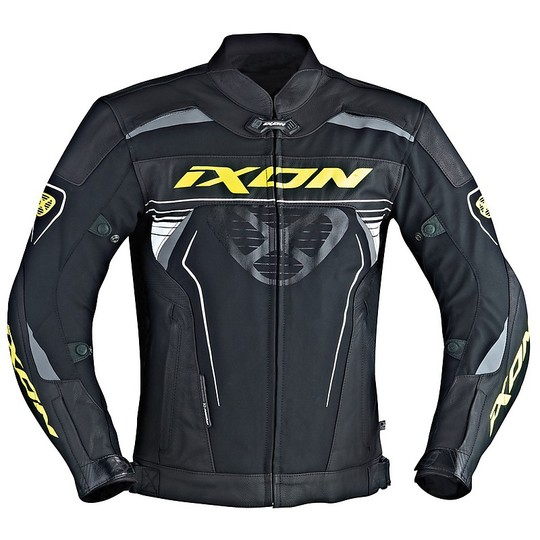 In leather and textile motorcycle jacket Ixon Frantic Black Yellow White Vivo