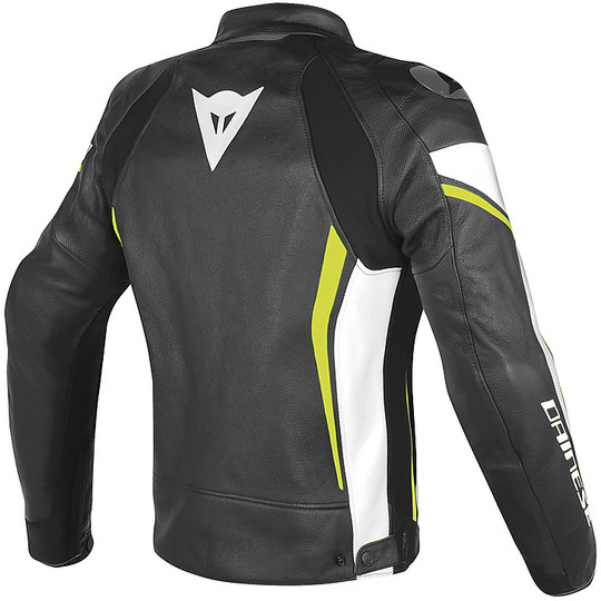 In Motorcycle Jacket Dainese Genuine Leather Perforated Model Assen Black White Yellow Fluo