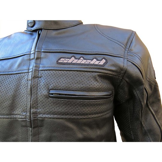 In Motorrad-Jacke-Jacke aus echtem Leder perforiert Schwarz Sheild Modell Eagle Air