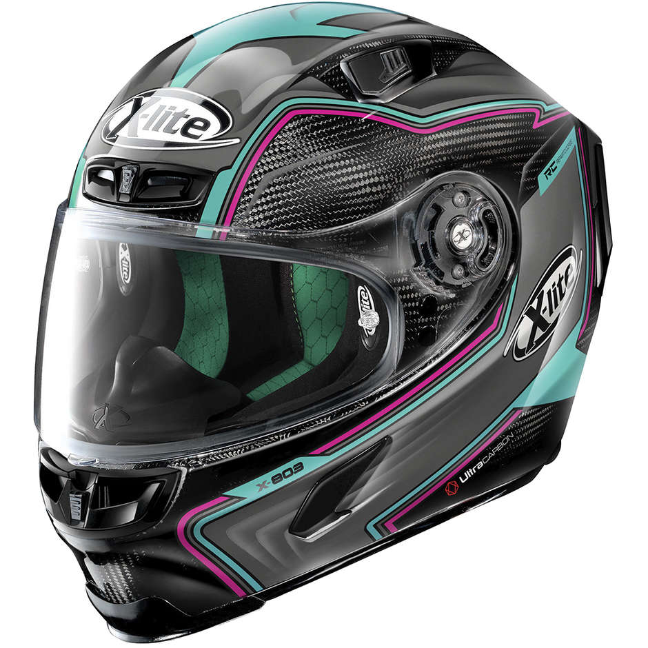 Integral Motorcycle Helmet in Carbon X-Lite X-803 Ultra Carbon HANGAR 072 Green Water