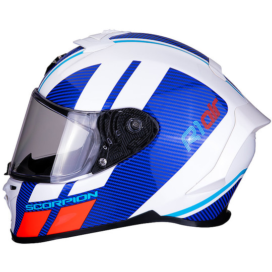 Integral Motorcycle Helmet in Scorpion Fiber EXO R1 Air CORPUS White Blue Red