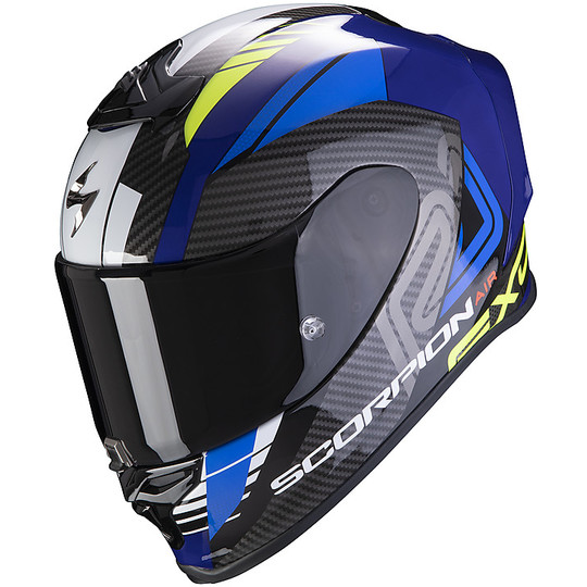 Integral Motorcycle Helmet in Scorpion Fiber EXO R1 AIR HALLEY Blue Yellow Fluo