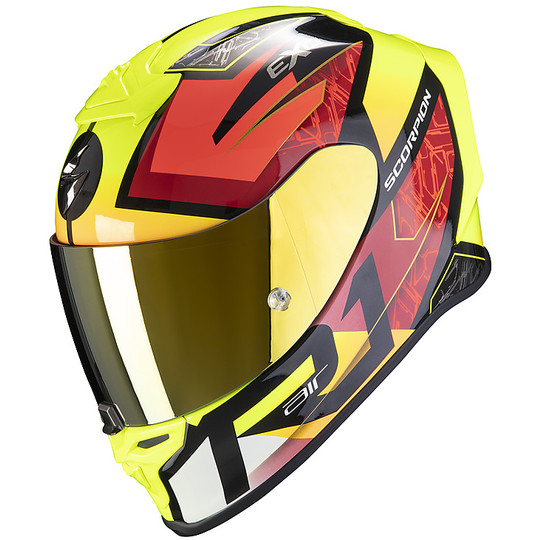 Integral Motorcycle Helmet in Scorpion Fiber EXO R1 AIR INFINITY Black Red Yellow Fluo