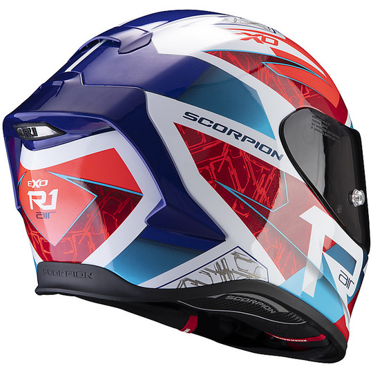 Integral Motorcycle Helmet In Scorpion Fiber EXO R1 AIR INFINITY White Blue Red
