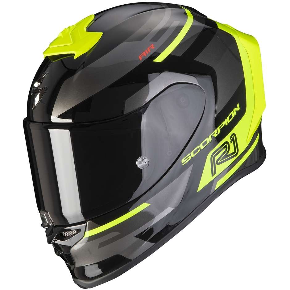 Integral Motorcycle Helmet In Scorpion Fiber EXO-R1 AIR ORBIS Black Yellow Fluo