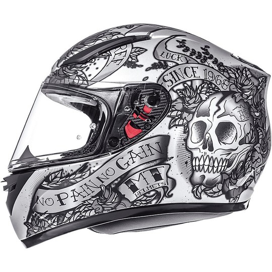 Integral Motorcycle Helmet MT Helmets Revenge Skull & Roses Silver Matt