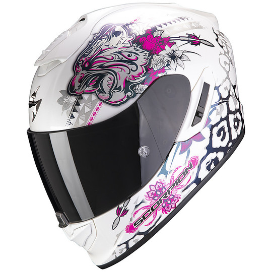 Integraler Motorradhelm aus Scorpion Fiber EXO 1400 Air TOA Weiß Pink