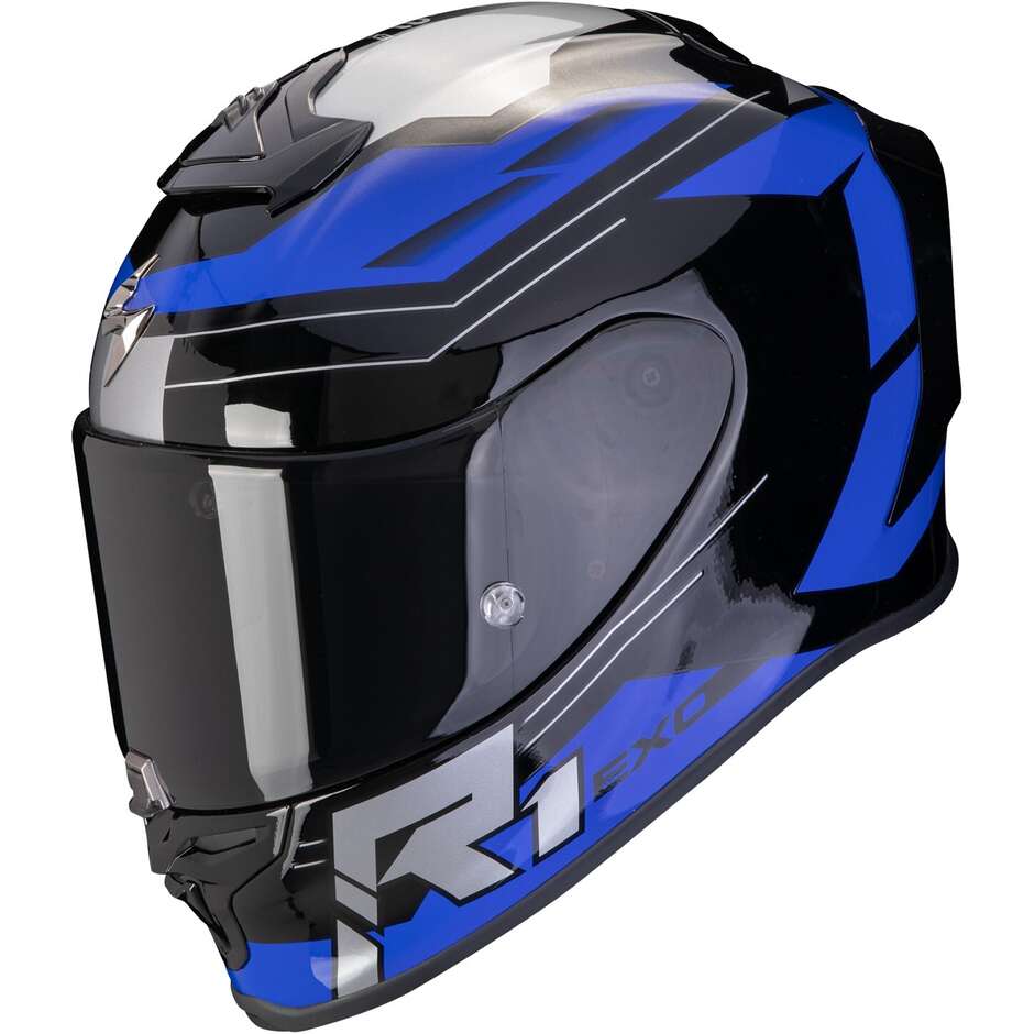 Integraler Motorradhelm aus Scorpion Fiber EXO R1 EVO AIR BLAZE Schwarz Blau
