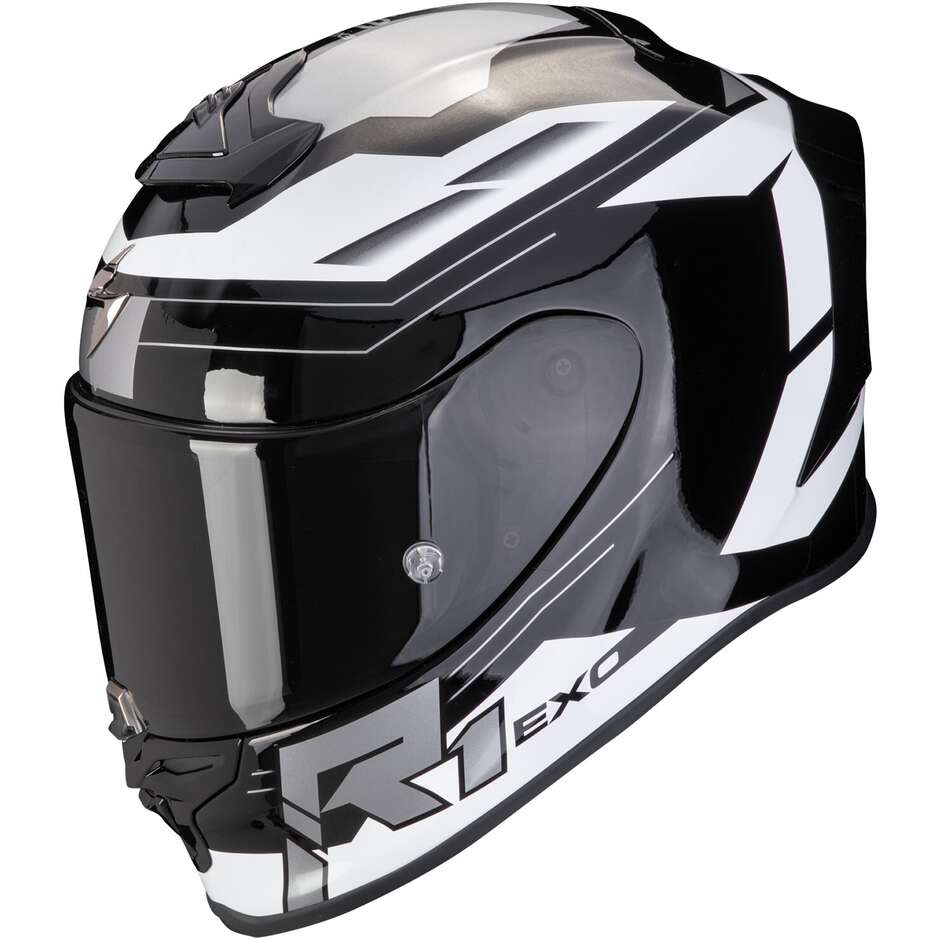 Integraler Motorradhelm aus Scorpion Fiber EXO R1 EVO AIR BLAZE Schwarz Weiß