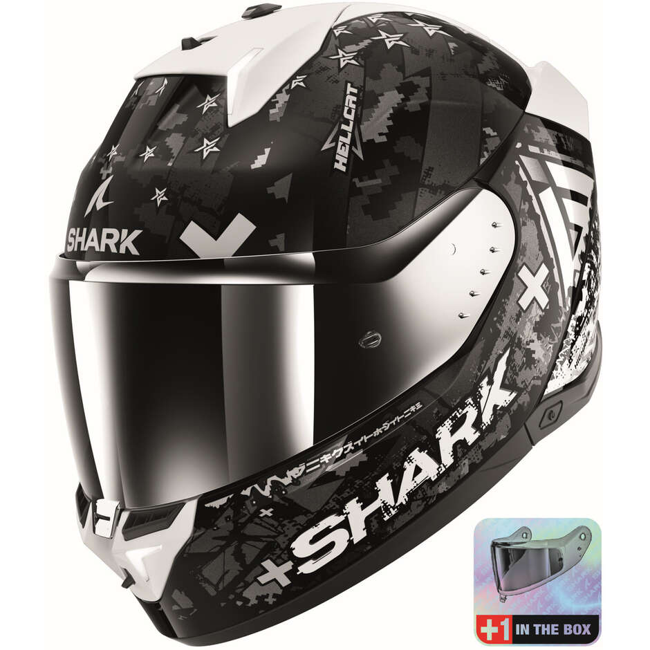 Integraler Motorradhelm mit LED Shark SKWAL i3 HELLCAT Schwarz Chrom Silber